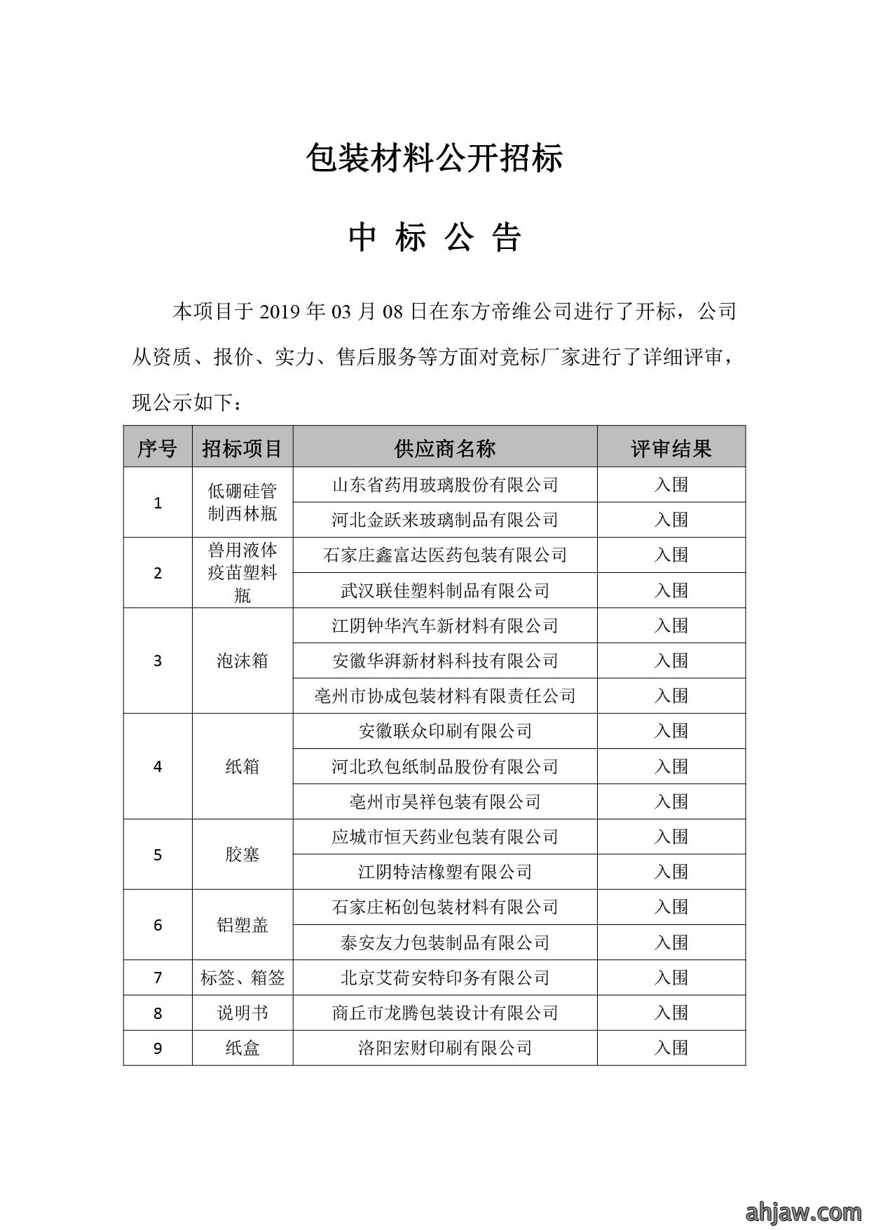 安徽东方帝维包装材料中标公告